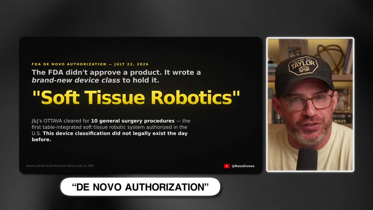 Text graphic explaining FDA De Novo authorization creating a new 'Soft Tissue Robotics' device class for J&J's OTTAVA surgical system