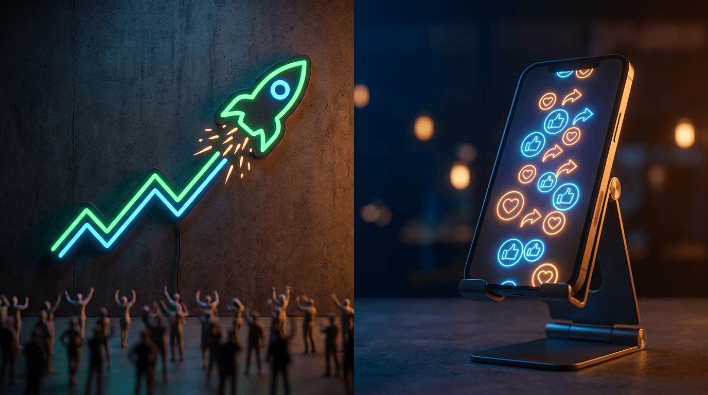 A split-screen composition showing a rocket-shaped stock chart line shooting dramatically upward on one side, while a smartphone screen glows with cascading social media notifications, likes, and viral symbols on the other.