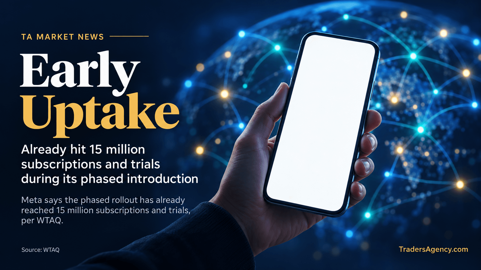 A hand holds a smartphone amid a faint web of glowing connection points, symbolizing rapid early subscription uptake.