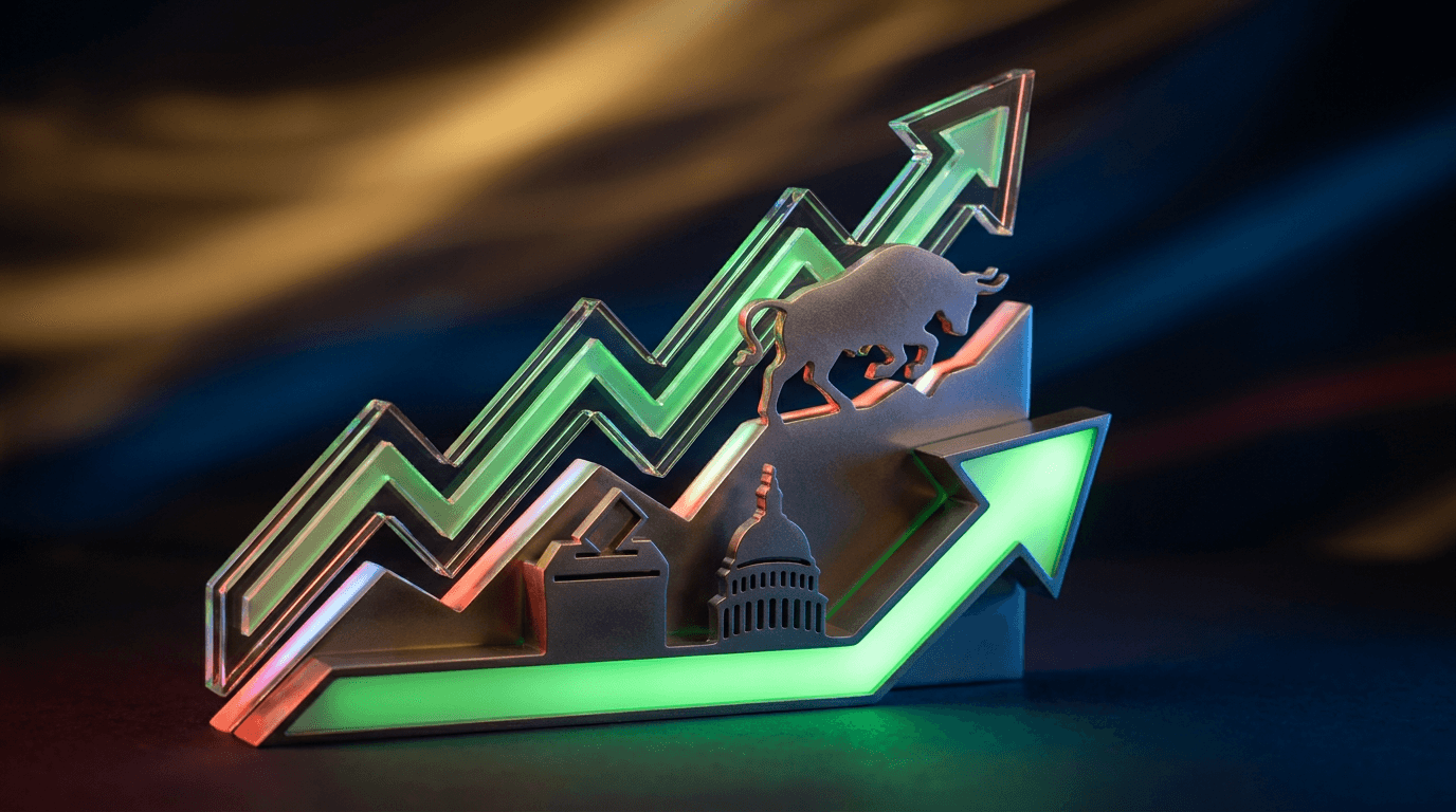 A dramatic upward-trending stock chart glowing against a dark background, with a bull silhouette breaking through the ascending line to symbolize the historically bullish midterm-election pattern.