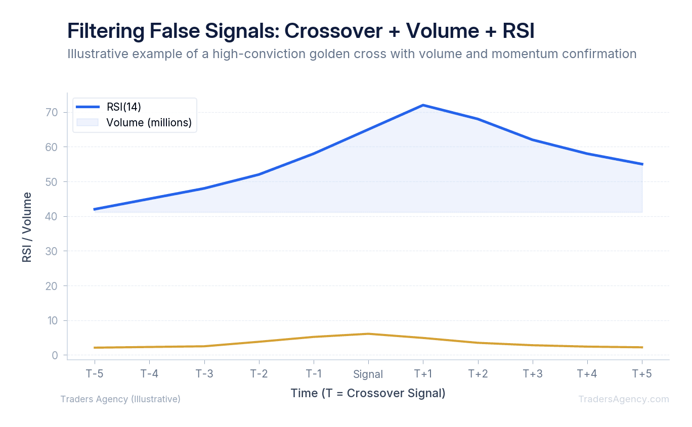 Multi-line chart showing price crossover signal aligned with volume spike and RSI confirmation above 50