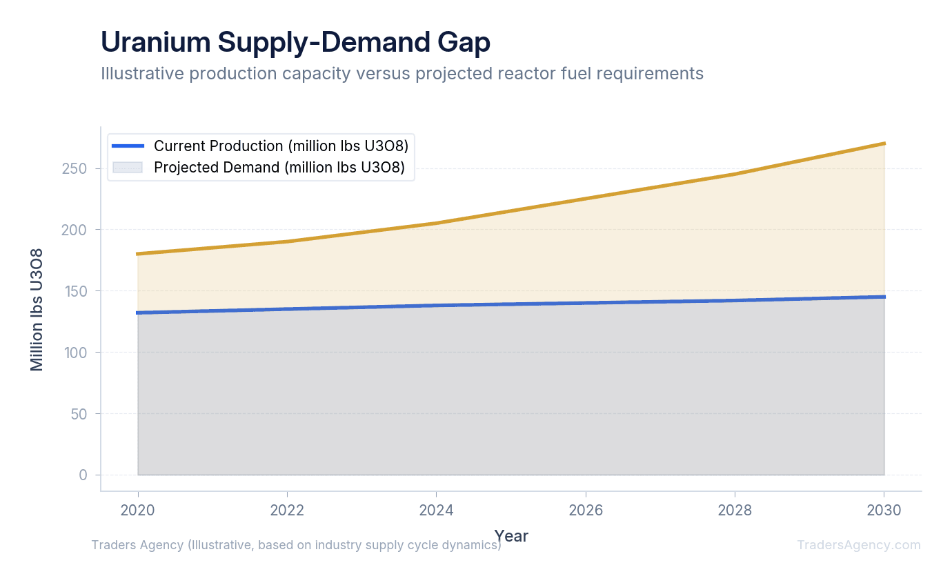Area chart showing uranium production capacity lagging behind projected reactor demand through 2030, illustrating the supply deficit thesis