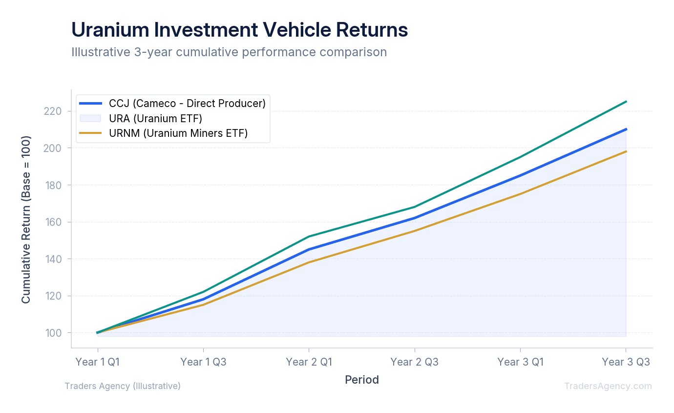 Multi-line chart comparing cumulative returns of CCJ, URA, and URNM ETF over a 3-year period