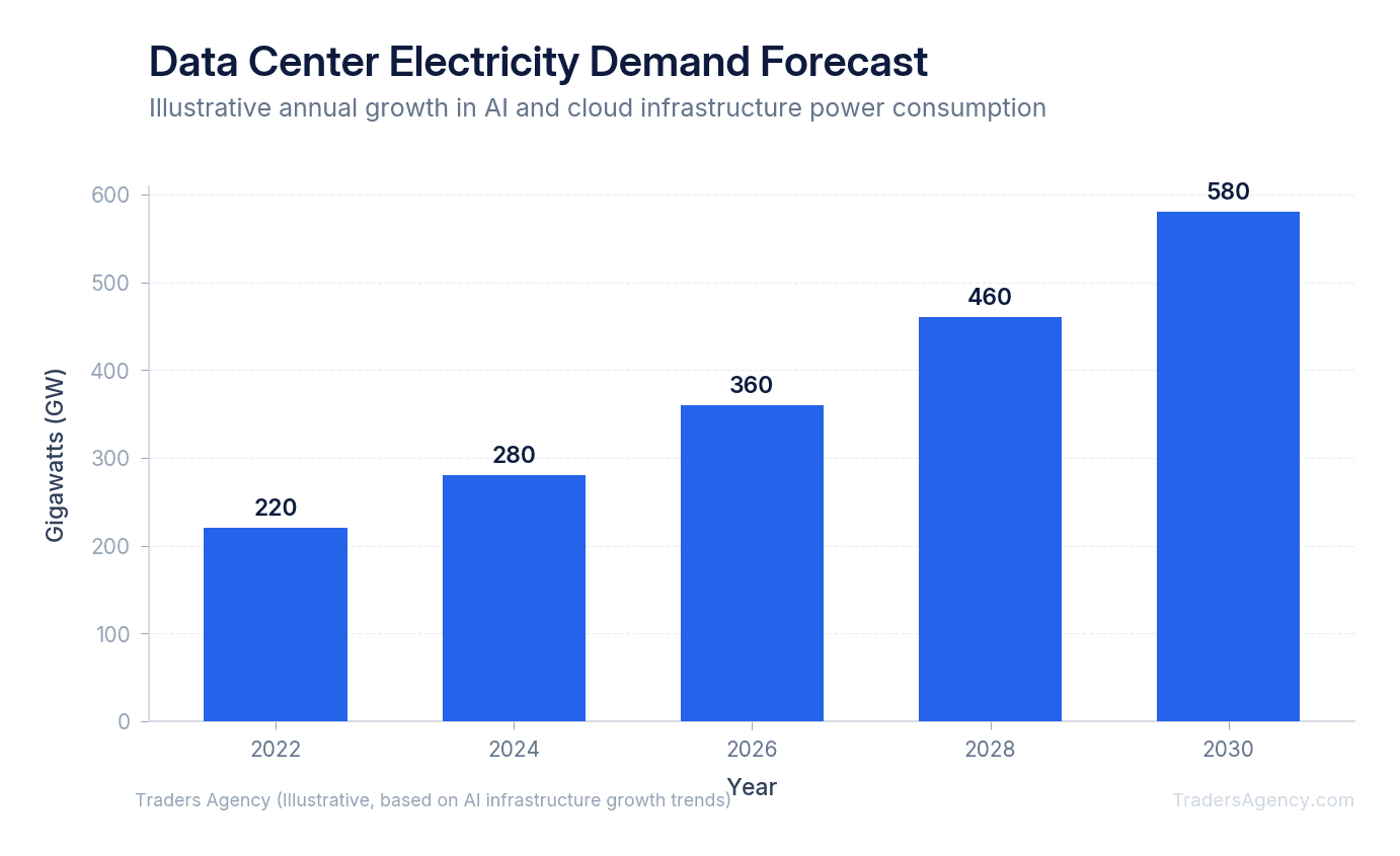 Bar chart showing rising electricity demand from data centers through 2030, with nuclear energy as a key supply solution