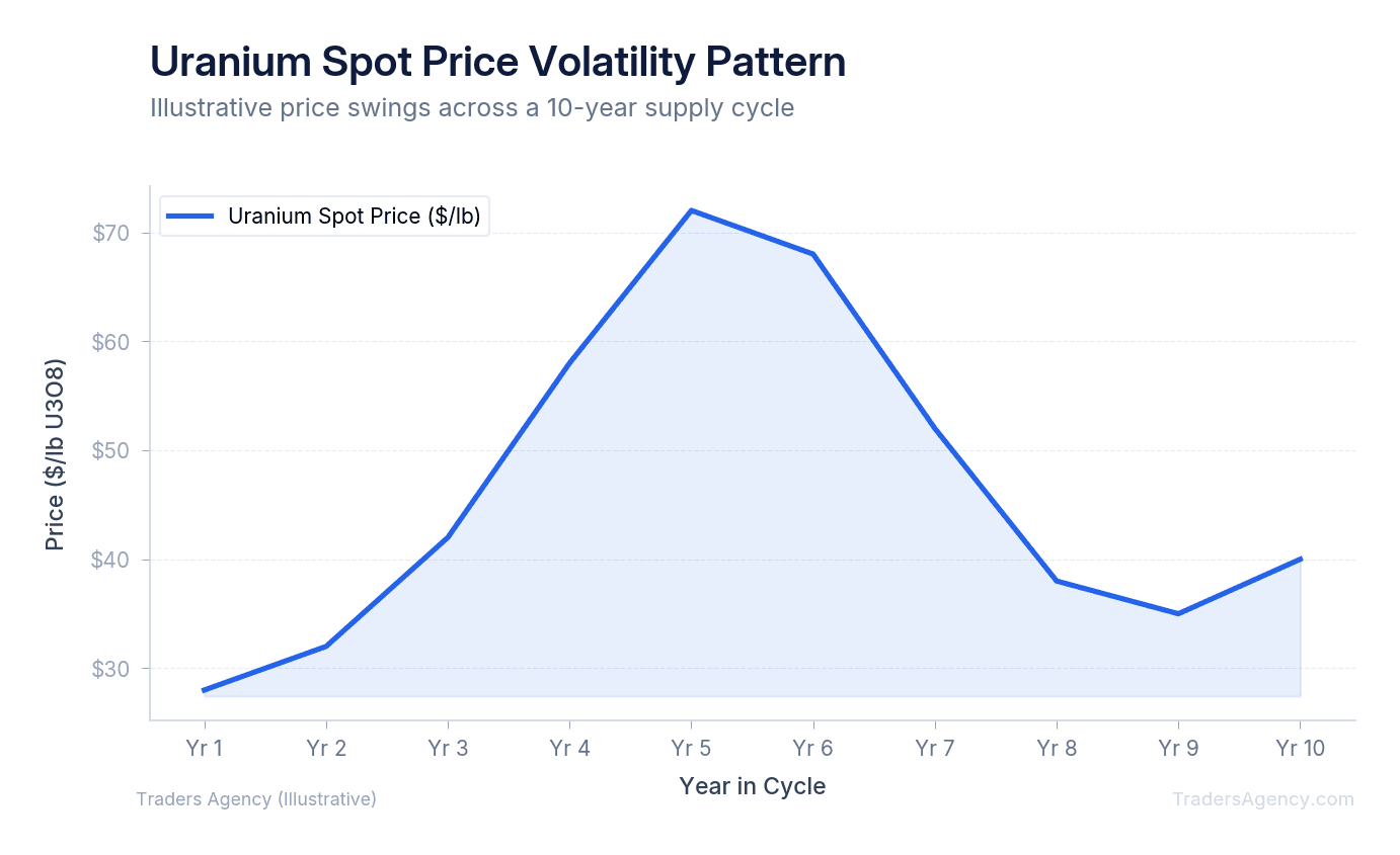 Line chart showing uranium spot price volatility increasing during supply deficit phases and moderating during surplus phases