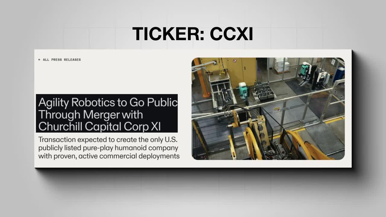 Press release headline announcing Agility Robotics going public through merger with Churchill Capital Corp XI, with footage of humanoid robot in warehouse