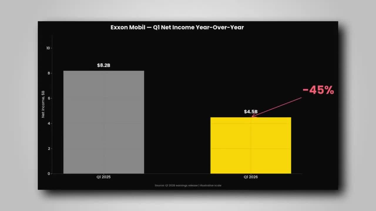 Bar chart showing Exxon Mobil Q1 net income dropping 45% year-over-year