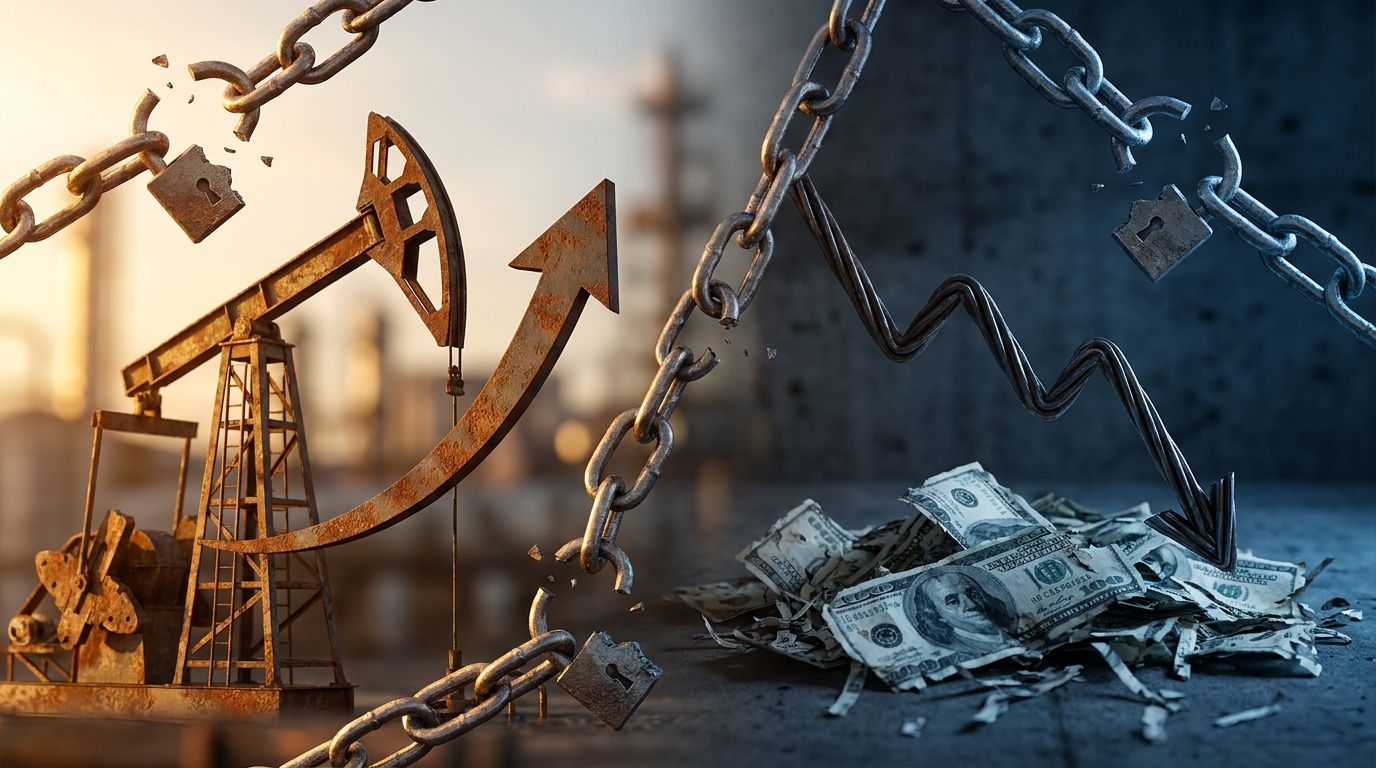 A dramatic split-screen visual showing an oil barrel or pump jack on one side bathed in golden upward-trending light with a bold "$126" price surge arrow, while the other side shows a crumbling stack of dollar bills or a downward-plunging f
