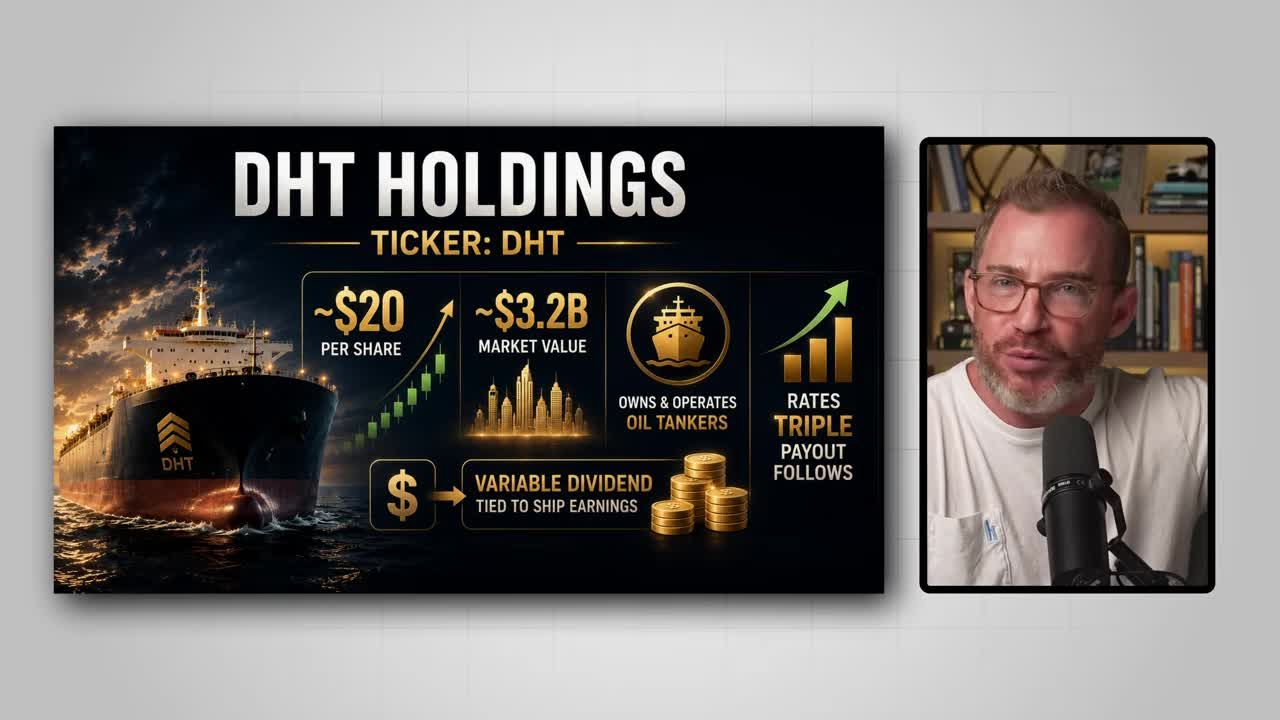DHT Holdings (Ticker: DHT) infographic showing ~$20 per share price, ~$3.2B market value, owns and operates oil tankers, variable dividend tied to ship earnings, and rates triple payout follows