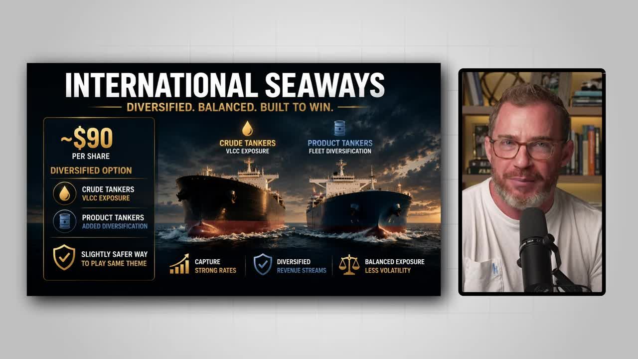 International Seaways infographic showing ~$90 per share price, diversified fleet of crude tankers (VLCC exposure) and product tankers, with benefits including strong rates, diversified revenue streams, and balanced exposure with less volatility