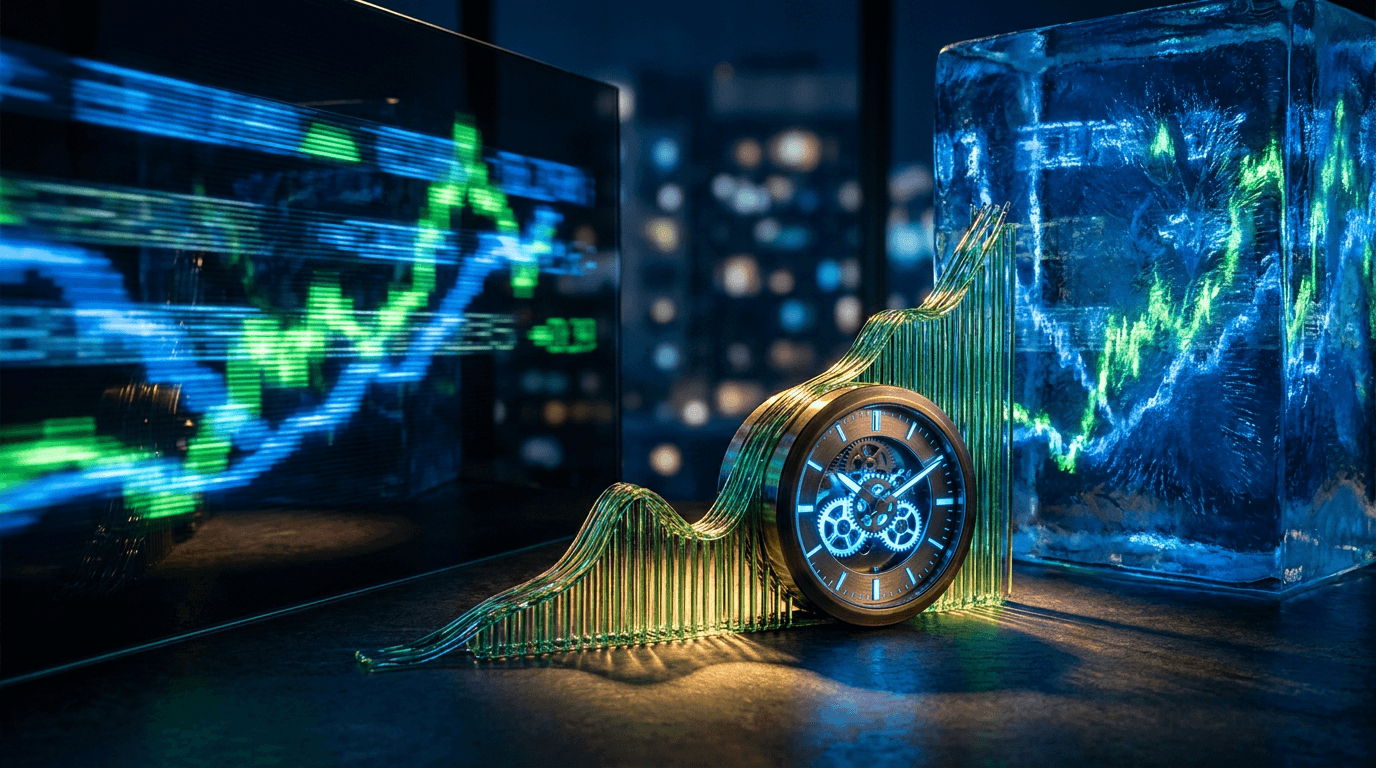 A split-screen visual showing a sleek, high-speed stock ticker or trading chart on one side with motion blur suggesting rapid movement, contrasted against a slower, almost frozen version of the same chart on the other side. In the foreground, a glowing clock face merges seamlessly with a rising stock market graph, symbolizing the concept of "market clock speed." The overall color palette should be deep navy and electric green with sharp lighting to convey urgency, precision, and financial moment