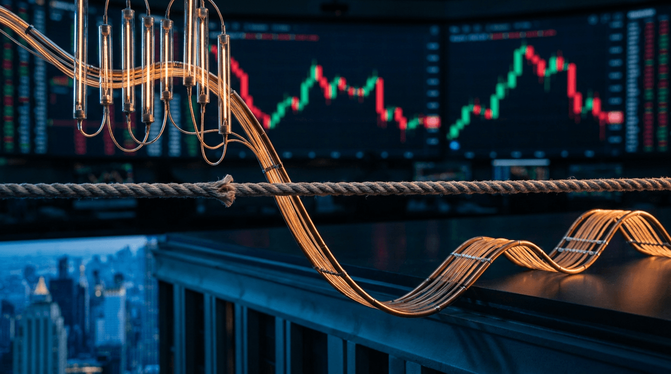 A dramatic stock market chart line that peaks sharply before cascading downward in a series of rolling waves or steps, set against a dark, moody financial background with glowing red and green candlestick patterns. The image captures the tension of a market at a potential turning point, with the downward pullback motion visually dominant but not catastrophic — suggesting temporary turbulence rather than collapse. Subtle visual elements like a tightrope or cliff edge could reinforce the precariou