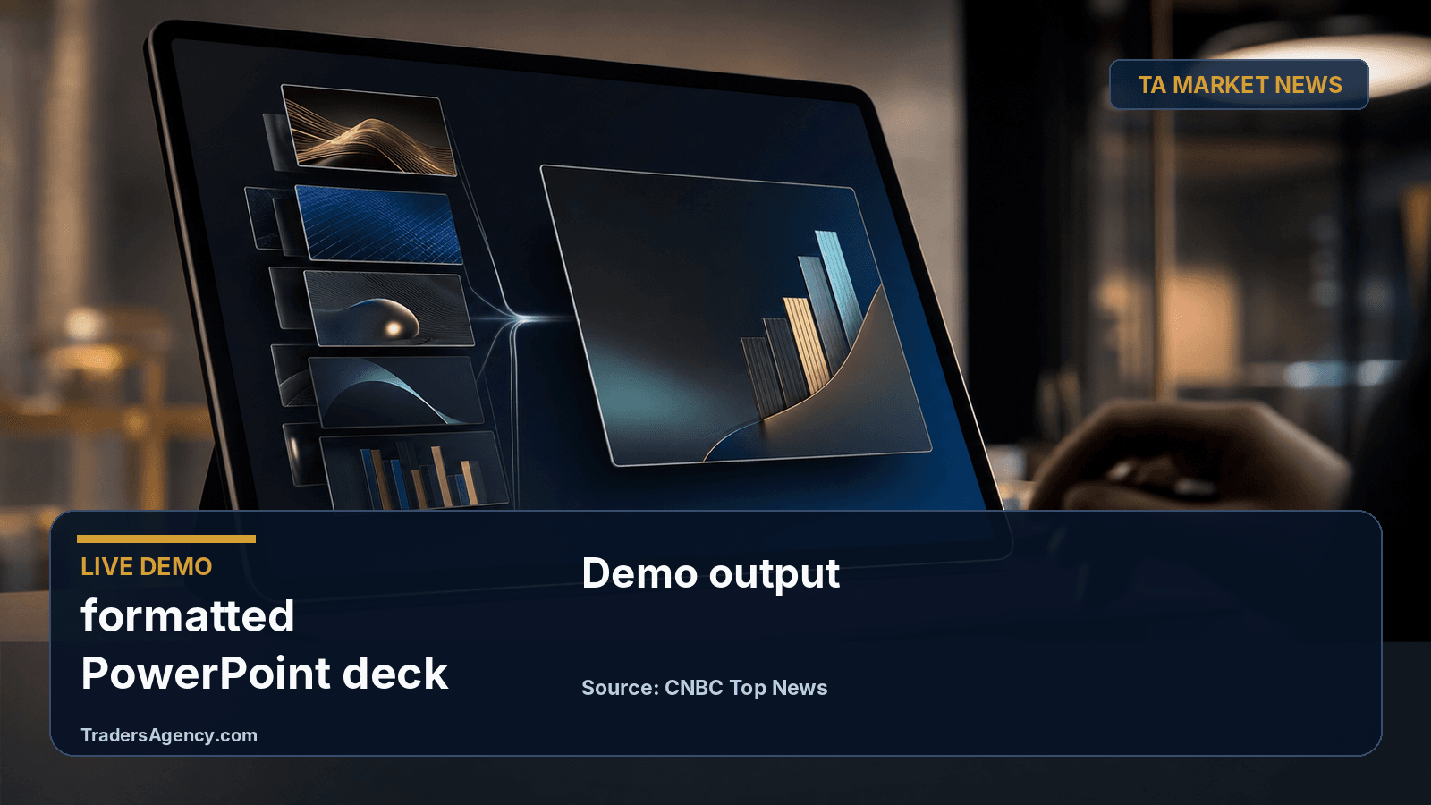 Illustration of an AI screen assembling slide thumbnails into a presentation deck