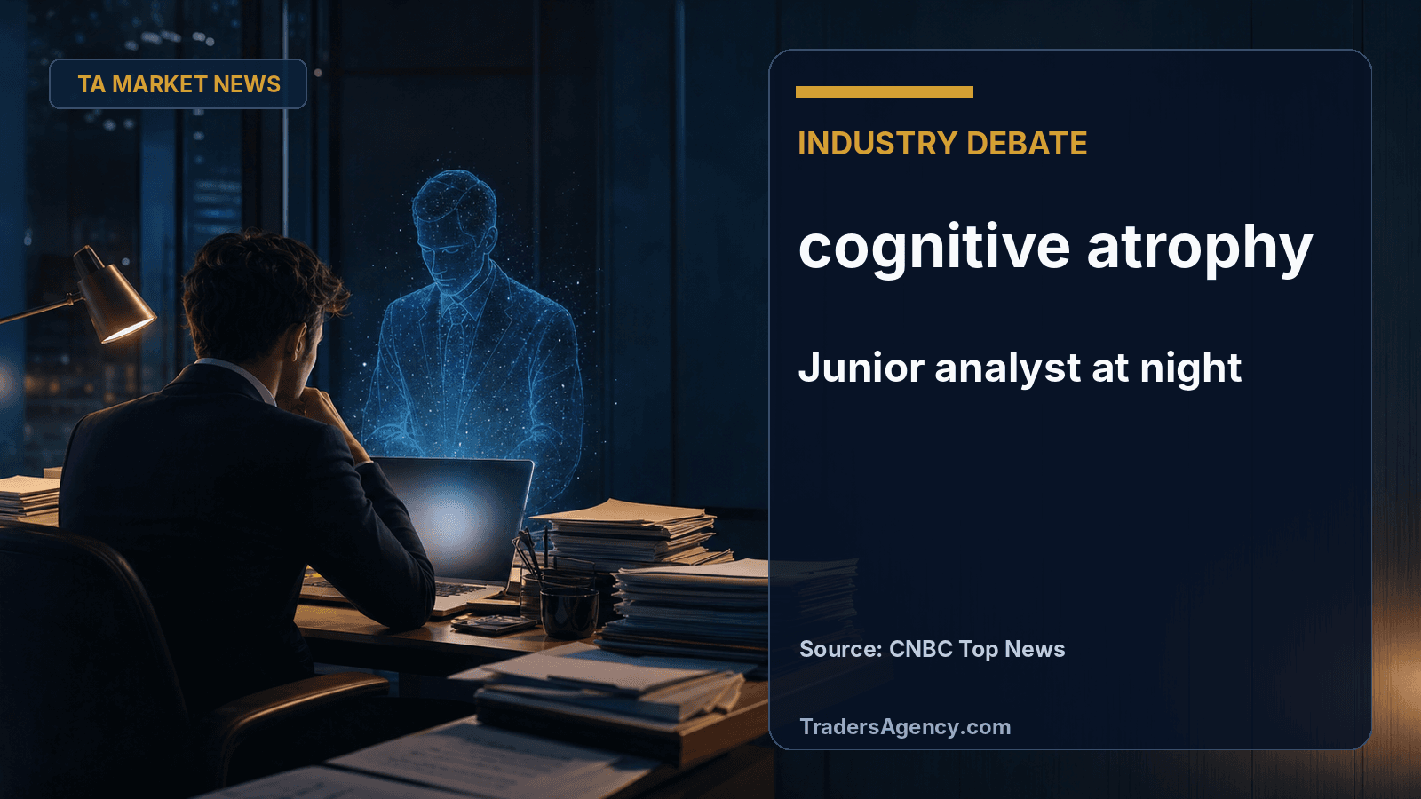 Illustration of a lone junior banker working late beside a glowing AI assistant outline