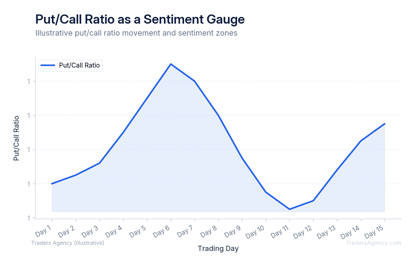 Line chart showing put/call ratio fluctuating between 0.5 and 1.8 over time, with annotations for bullish and bearish extremes