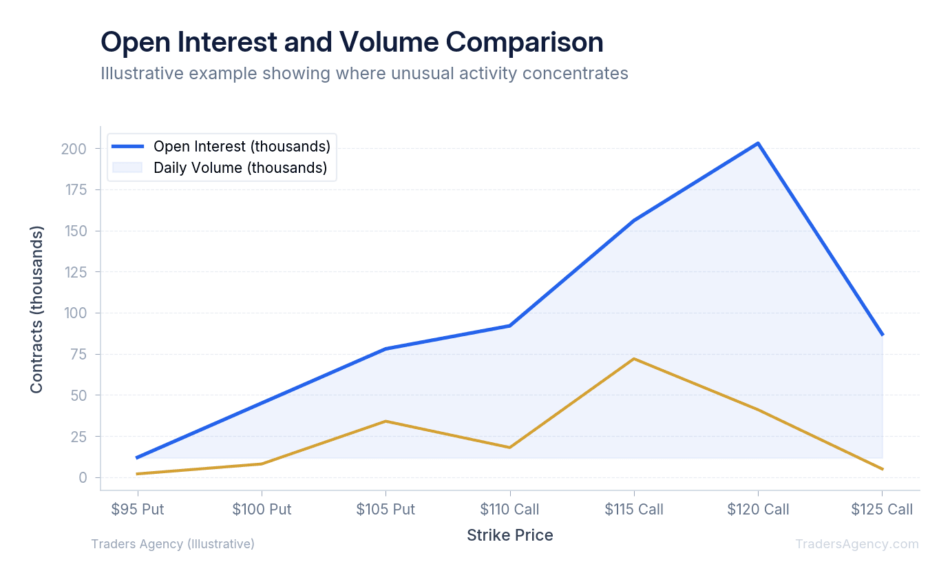 Multi-line chart comparing open interest and volume across strike prices, showing divergence at key levels