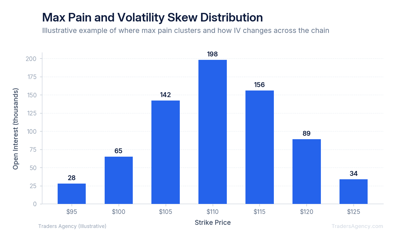 Bar chart showing max pain concentration with overlaid volatility skew curve, illustrating how IV varies across strikes