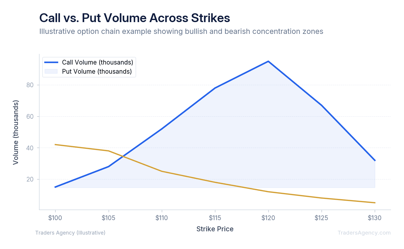 Multi-line chart showing call volume, put volume, and their ratio across strike prices to identify directional bias
