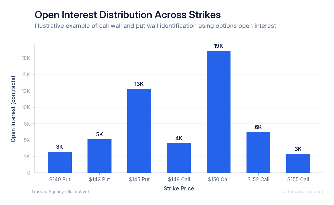 Bar chart showing open interest concentration at specific strike prices, with notable peaks at $150 calls and $145 puts