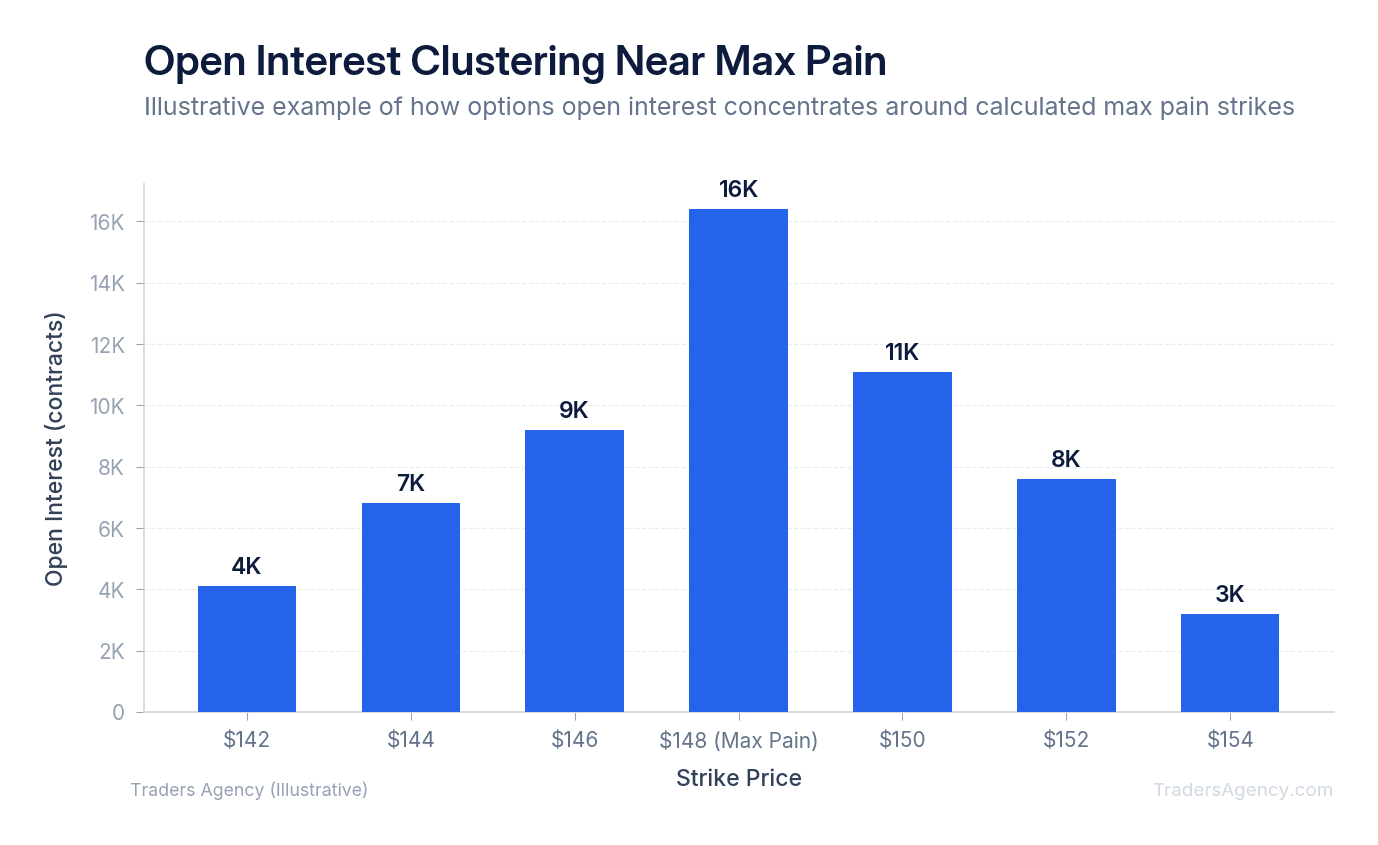 Bar chart showing open interest peaks at max pain strike levels across call and put options