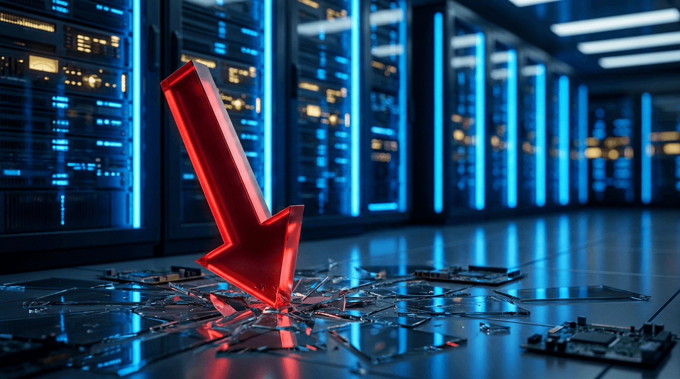 A dramatic downward-plunging stock chart arrow in Oracle's signature red color dominates the frame, crashing through a glossy corporate floor made of shattered glass or circuit board fragments.