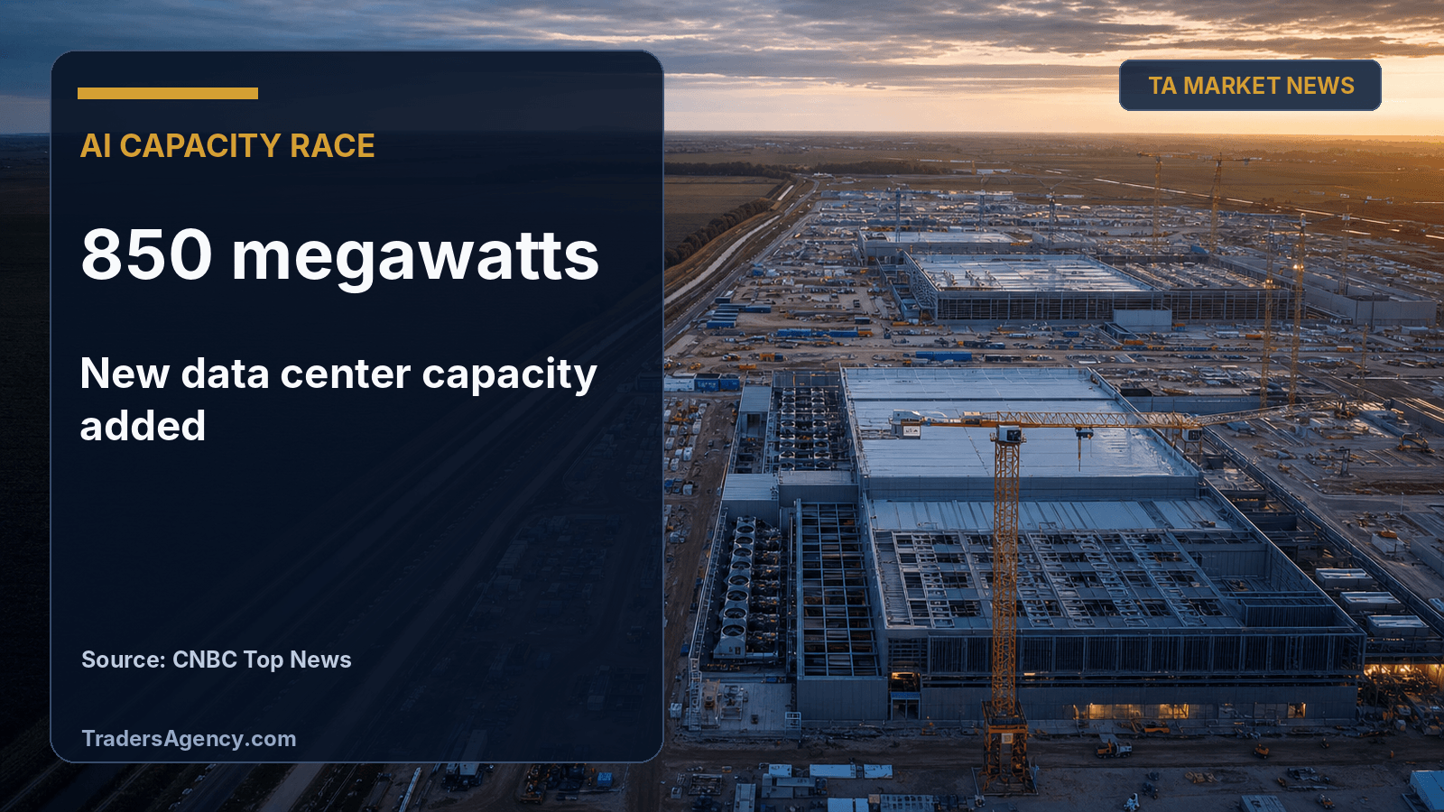 Illustration of a large data center campus under construction representing Oracle's expanding AI cloud capacity.