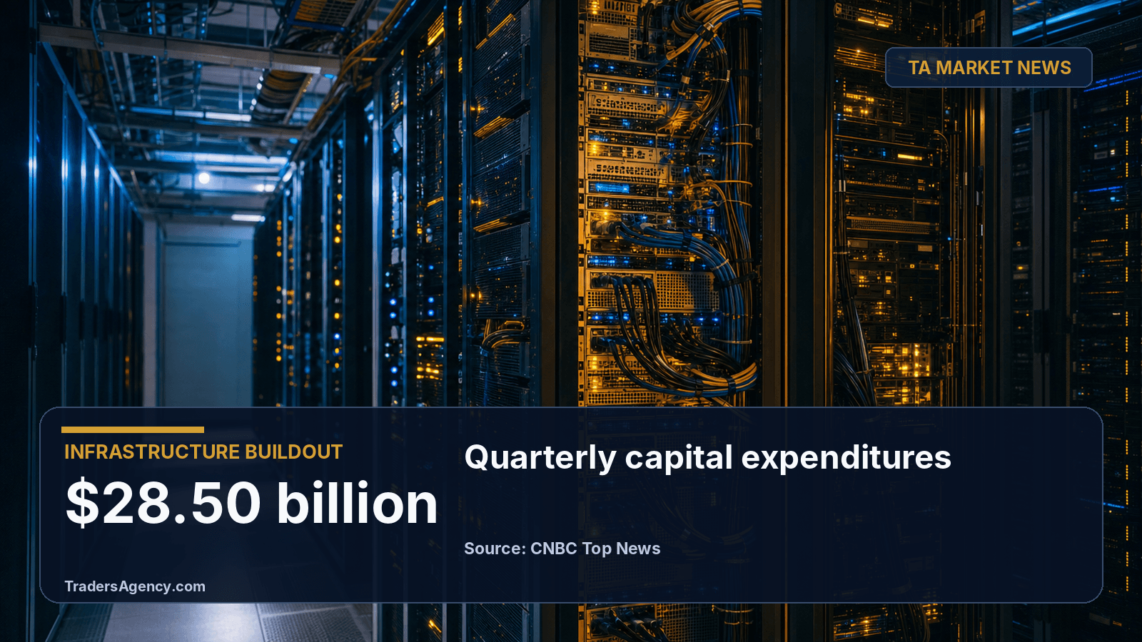 Illustration of a server room representing Oracle's surging capital expenditures on cloud infrastructure.