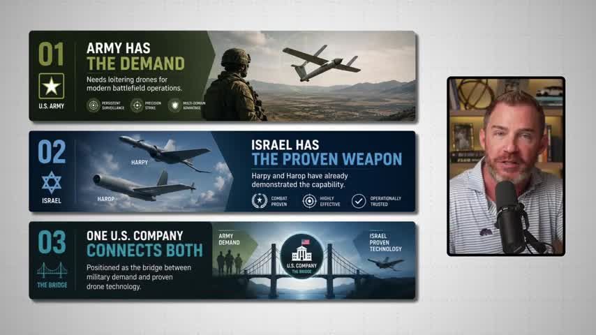 Three-part investment thesis infographic: 01 Army Has The Demand (loitering drones for modern battlefield operations), 02 Israel Has The Proven Weapon (Harpy and Herup drones - combat proven, highly effective, operationally trusted), 03 One U.S. Company Connects Both (positioned as the bridge between military demand and proven drone technology)