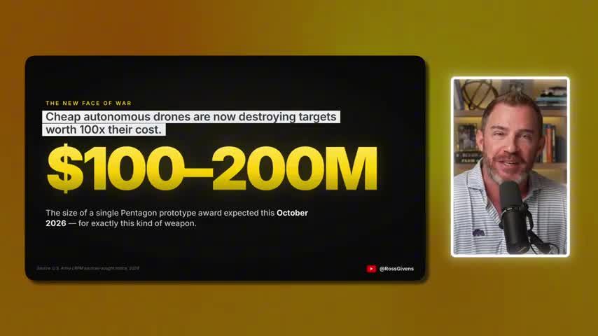 Infographic titled 'The New Face of War' showing that cheap autonomous drones destroy targets worth 100x their cost, with a $100–200M Pentagon prototype award expected this October