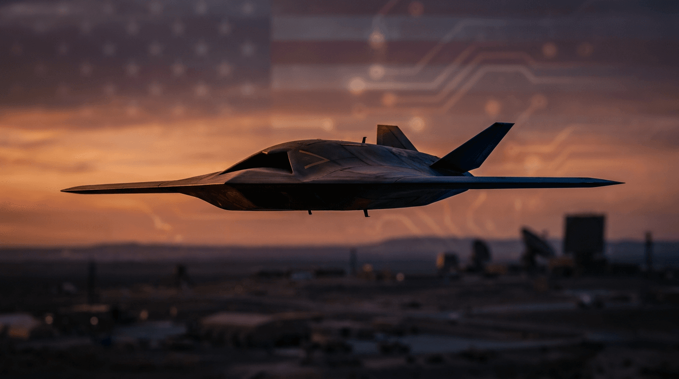 A sleek, menacing autonomous drone silhouetted against a dramatic dusk sky hovers over a vast battlefield landscape, with faint radar dish and military installation targets visible far below.