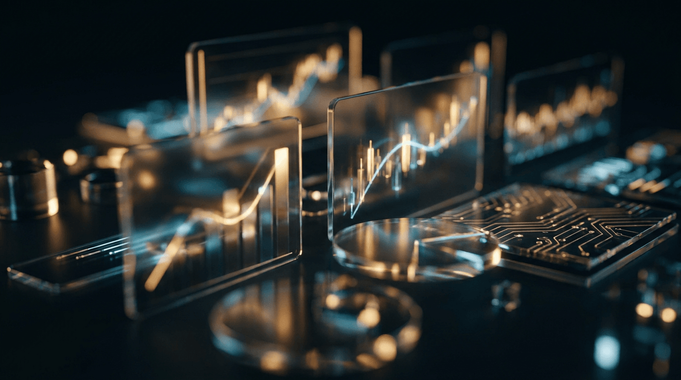 A sleek, dark-themed trading dashboard fills the screen, displaying dynamic candlestick charts, options chain data, and real-time market graphs with glowing green and red price indicators.