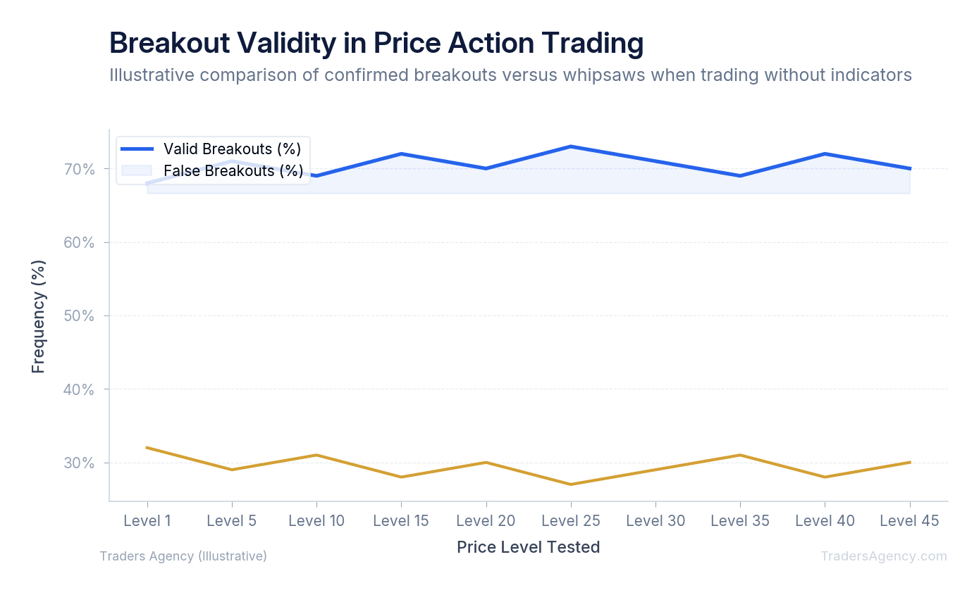 Multi-line chart showing the frequency of valid breakouts versus false breakouts across 50 price levels tested