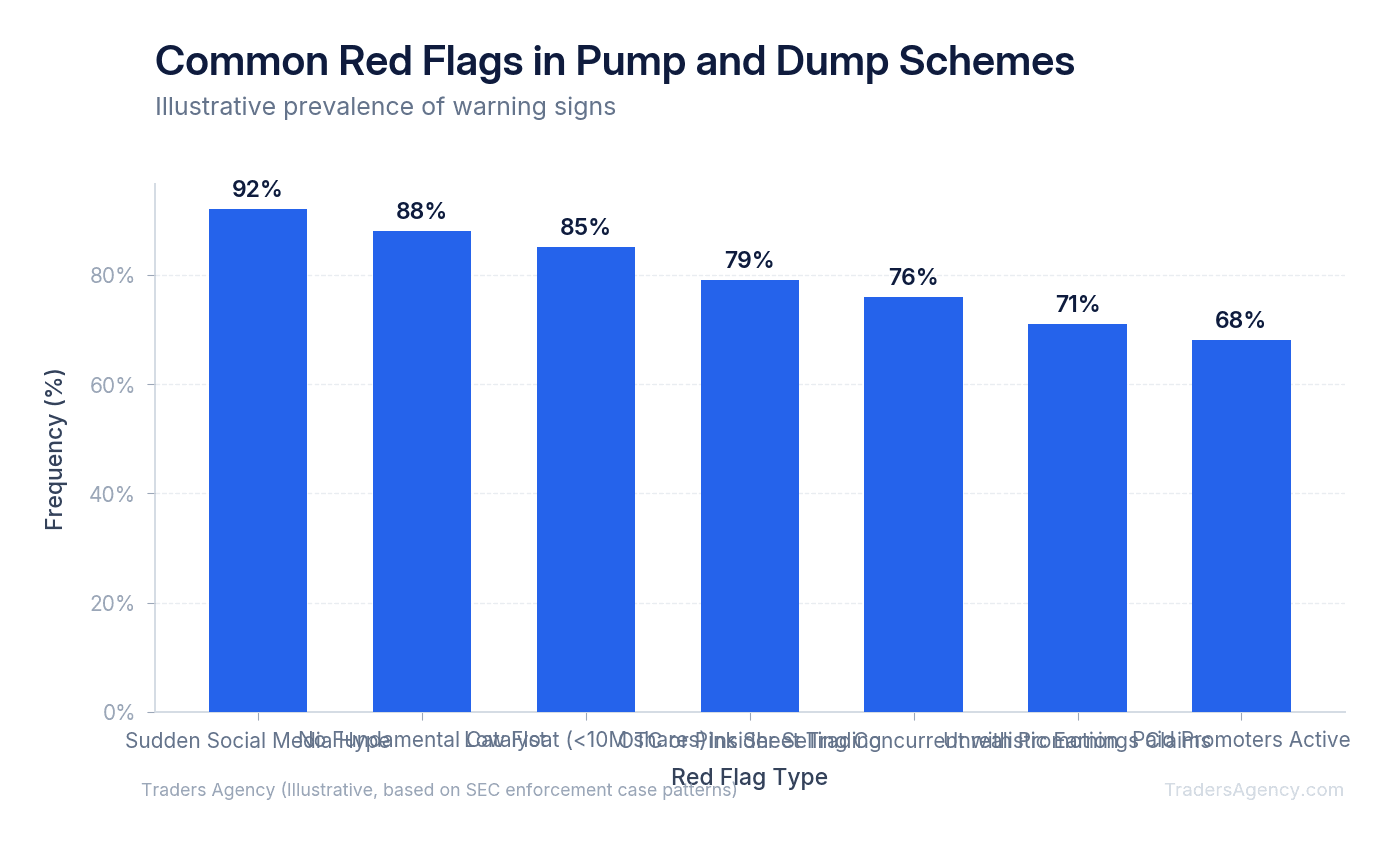 Bar chart comparing frequency of red flags observed in legitimate penny stocks versus stocks involved in pump and dump manipulation