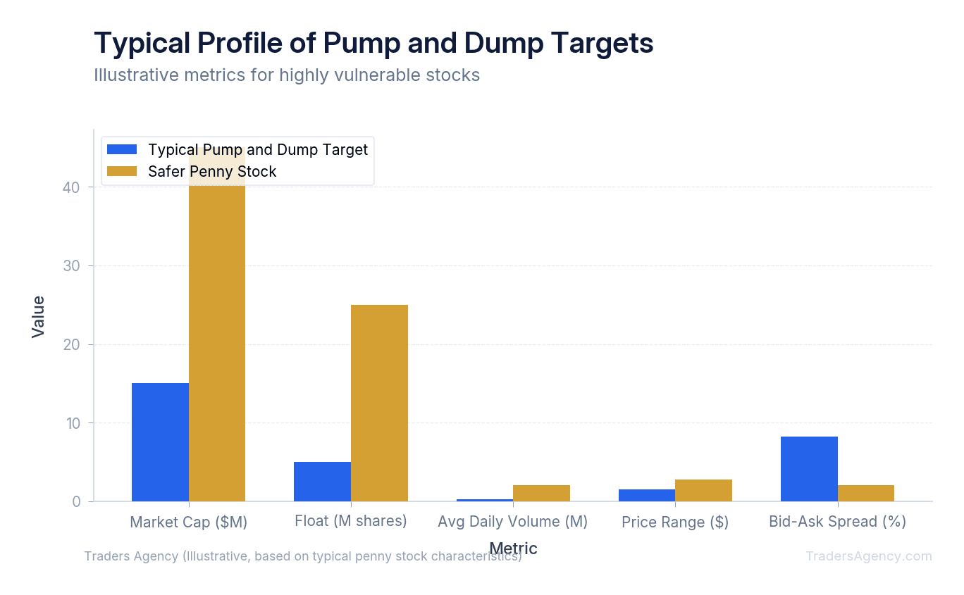 Bar chart comparing market cap, float size, and average daily volume for stocks targeted in pump and dump schemes versus broader penny stock market