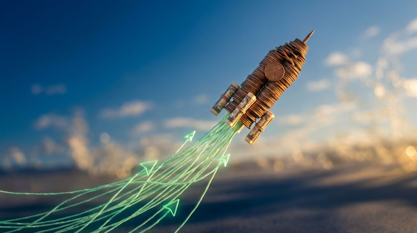A rocket ship made of small coins or tiny stock certificates blasts upward against a bright summer sky, leaving a trail of ascending green chart lines in its wake. The scene captures the explosive energy of small-cap stocks breaking out, with the rocket dwarfed by a vast blue sky, symbolizing the massive upside potential ahead. Warm summer sunlight bathes the scene, reinforcing the "small-cap summer" theme while the dynamic upward motion immediately signals bullish market momentum.