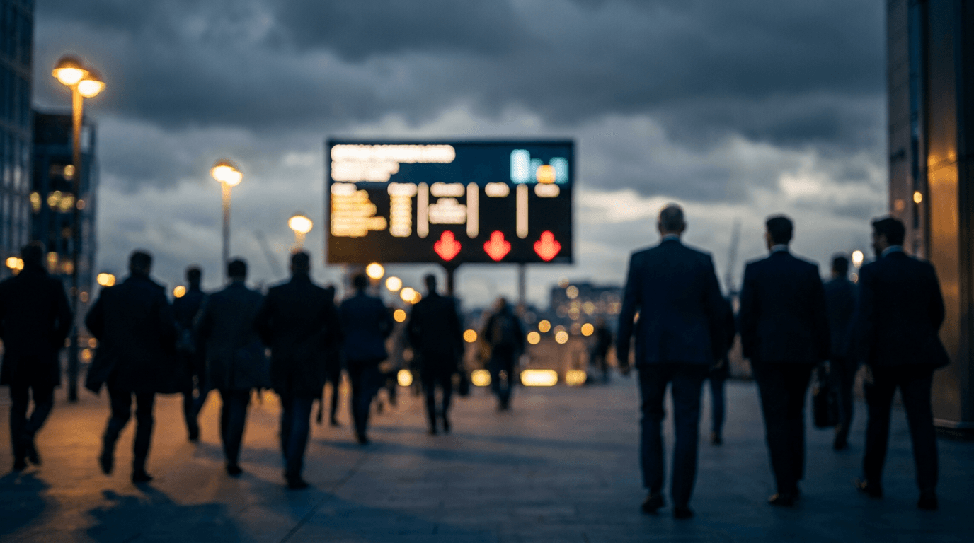 A panicked crowd of small retail investors sprinting away from a large, looming stock market ticker board showing red arrows, while shadowy, composed figures in suits calmly walk in the opposite direction toward it. The contrast between the fleeing masses and the confident "smart money" figures immediately captures the article's core tension. A dramatic, stormy sky overhead reinforces the sense of market uncertainty and peak bearishness.