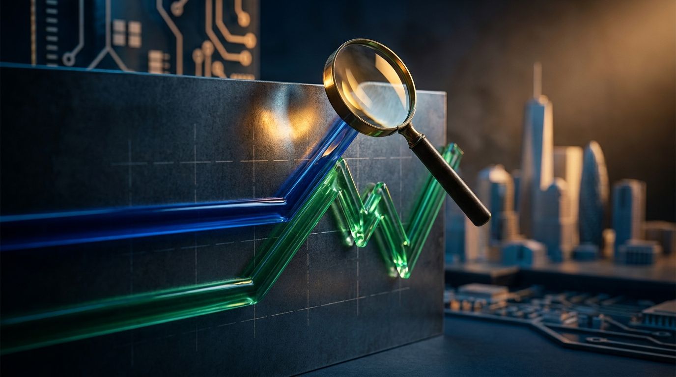 A split-screen visualization shows two upward-trending graph lines diverging dramatically — one bold and steady representing revenue, the other sharper and more volatile representing earnings — set against a dark financial dashboard backgro