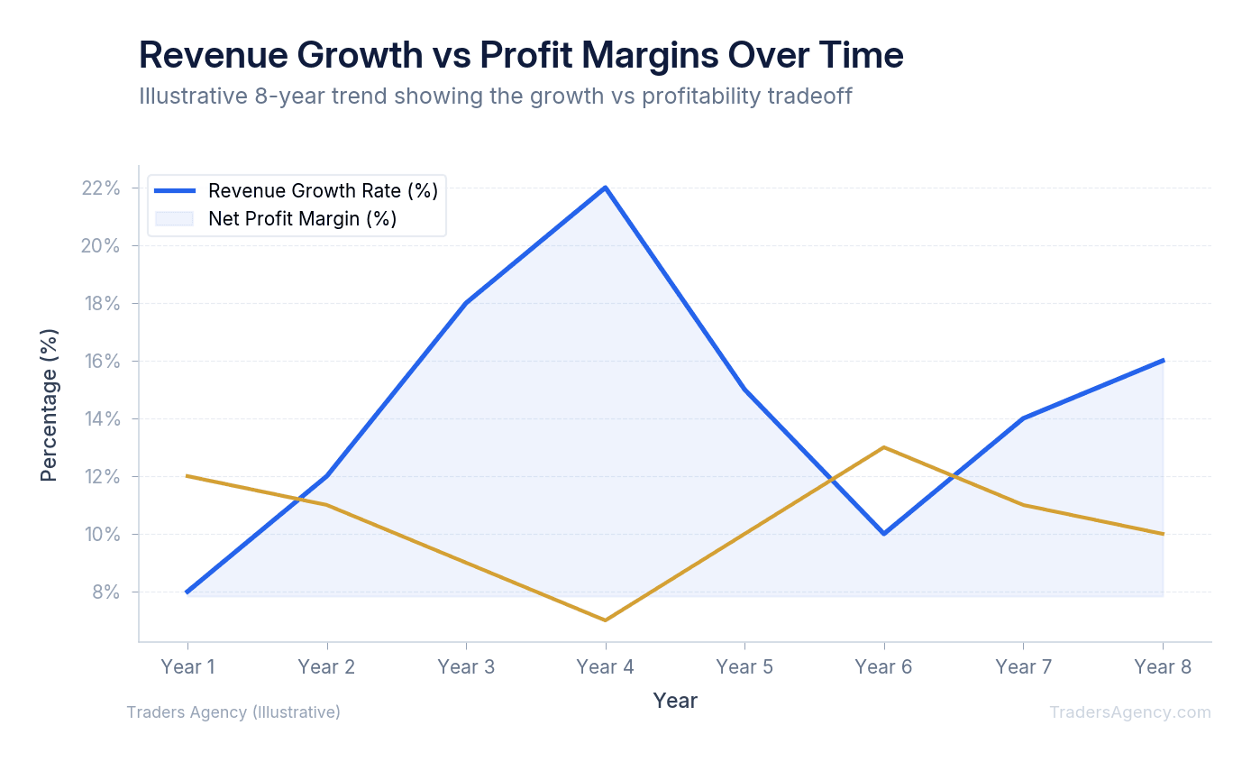 Multi-line chart comparing revenue growth rate and net profit margin over an 8-year period, showing inverse relationship during expansion and contraction phases