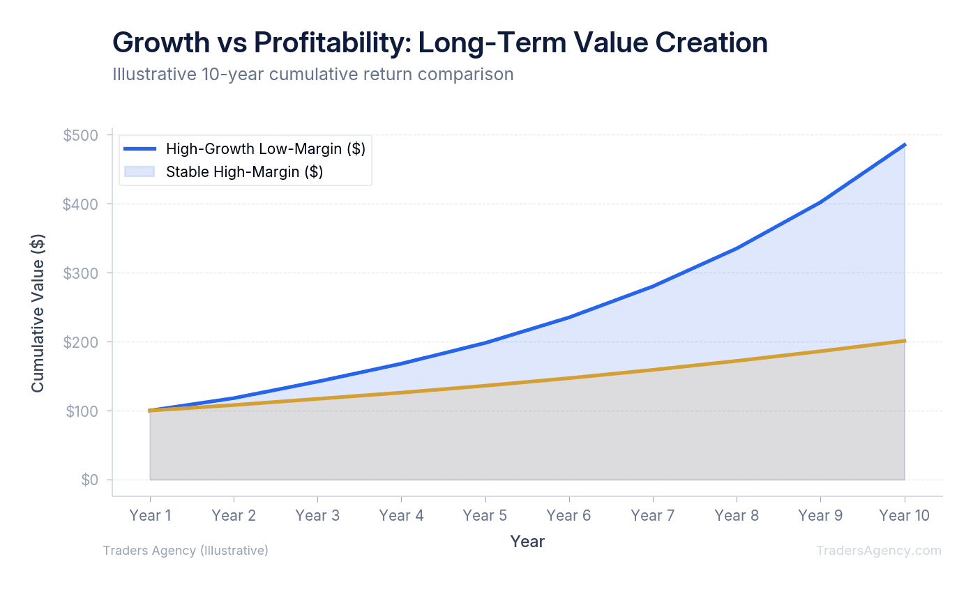 Area chart comparing cumulative shareholder value creation over 10 years for a high-growth low-margin company versus a stable high-margin company