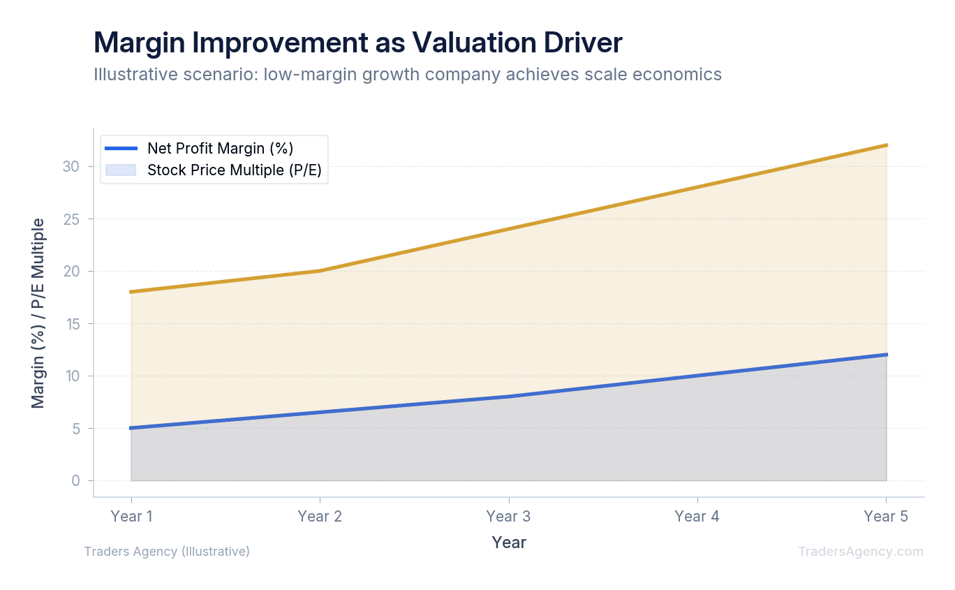 Area chart showing net margin improving from 5% to 12% over five years alongside illustrative stock price appreciation