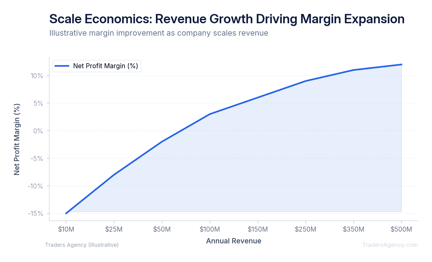 Line chart showing net profit margin improving from negative 15% to positive 12% as revenue scales from $10M to $500M annually