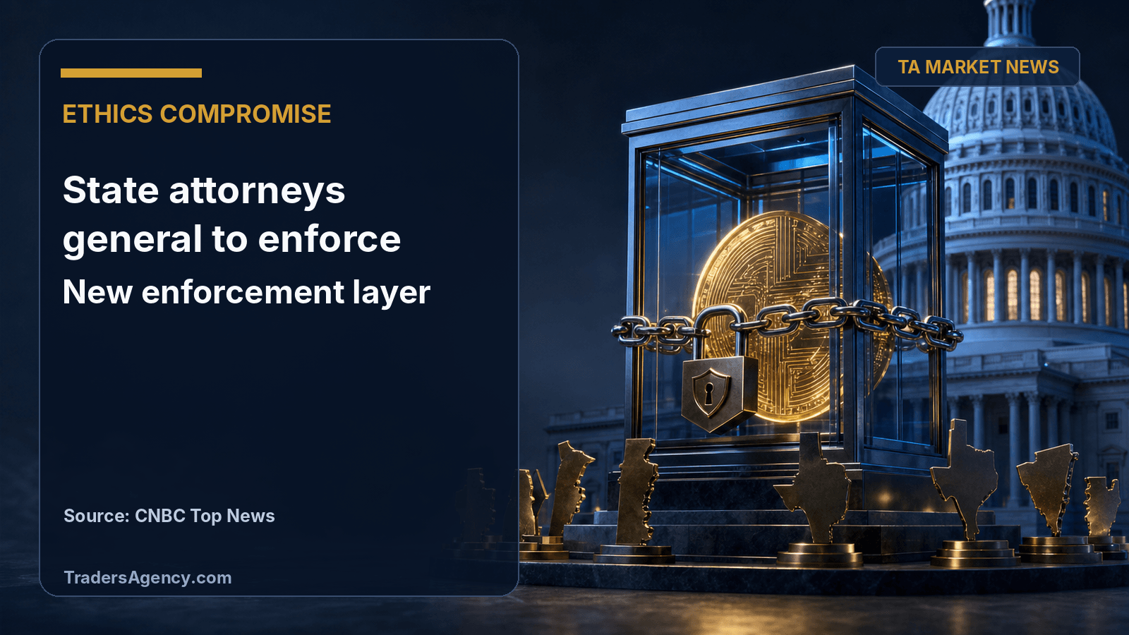 Illustration of a glowing digital coin sealed in a chained glass case beneath a Capitol dome, symbolizing new ethics enforcement powers.