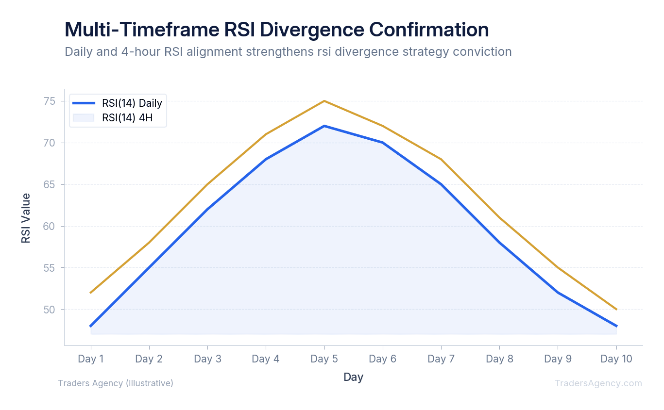 Multi-line chart comparing RSI signals on daily and 4-hour timeframes, showing alignment of divergence signals