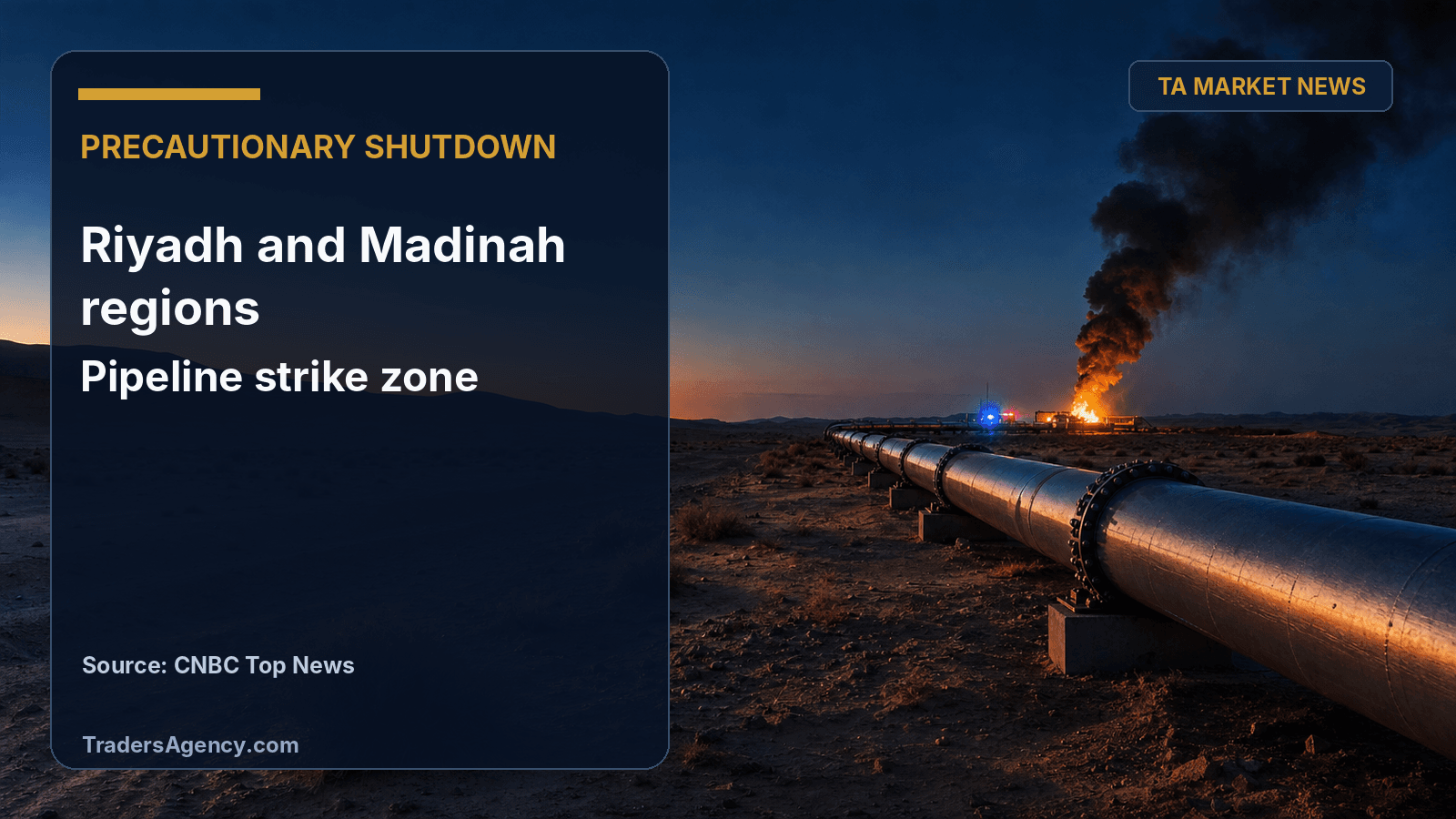 Illustration of a desert oil pipeline at dusk with smoke and fire in the distance following a reported attack.