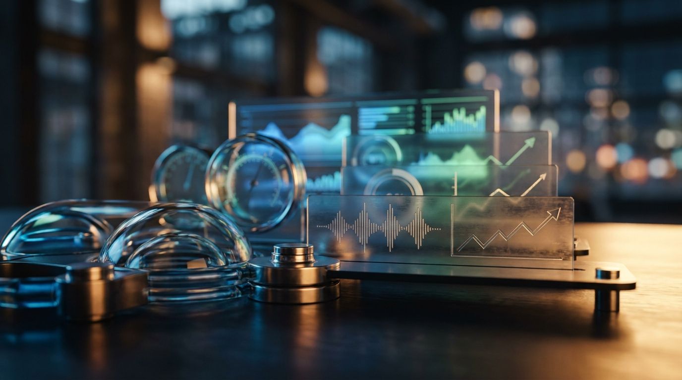 A sleek, modern dashboard interface glows on a dark background, displaying layered stock charts, rating gauges, and data visualizations in shades of blue and green.