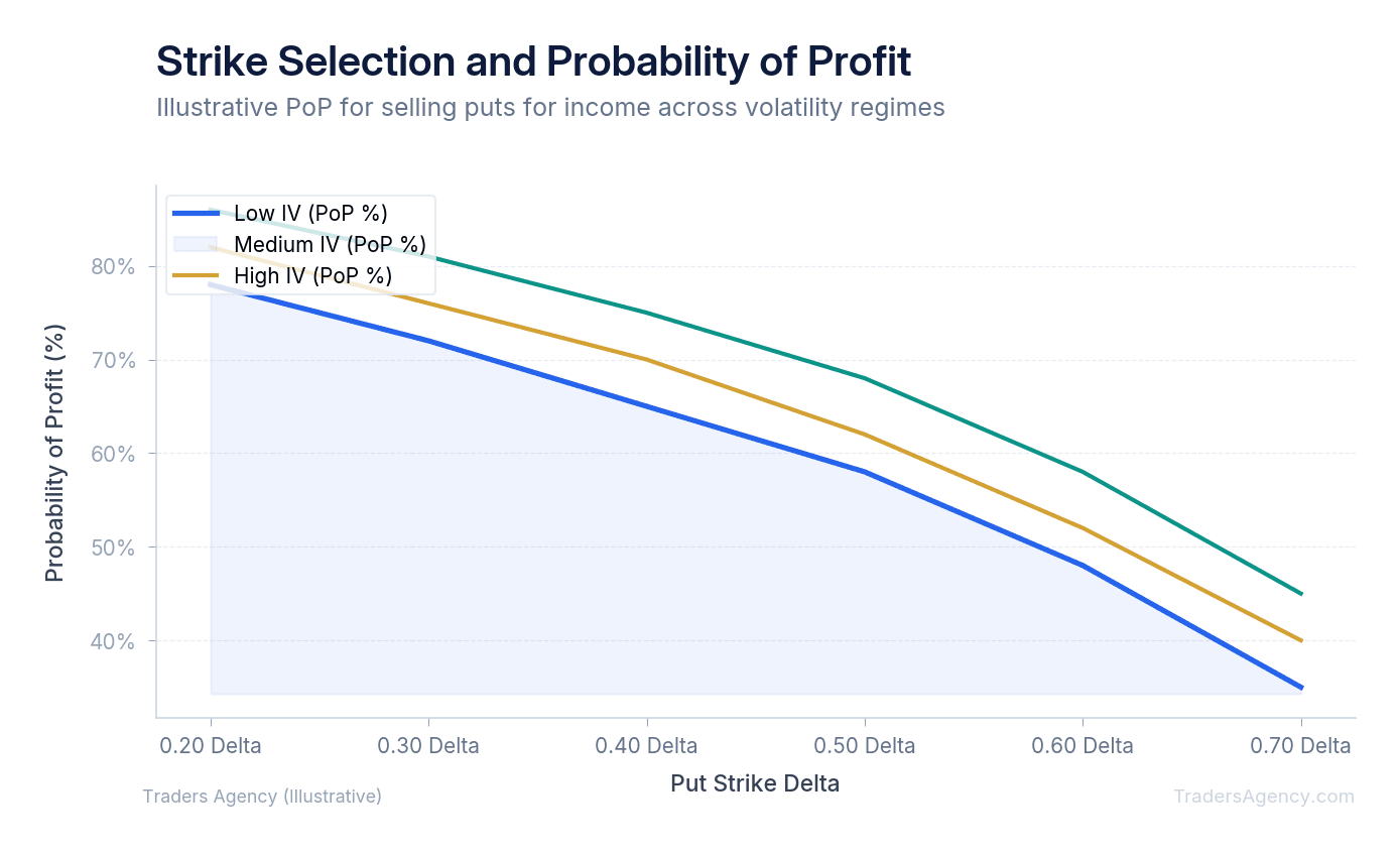 Multi-line chart showing how probability of profit changes with delta selection across low, medium, and high volatility environments