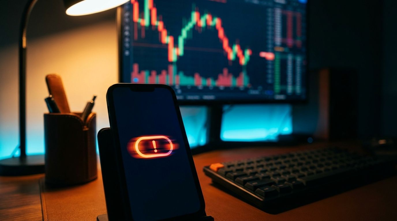 A close-up of a smartphone screen displaying a bold stock price alert notification, with dramatic red and green candlestick charts visible in the background on a monitor.