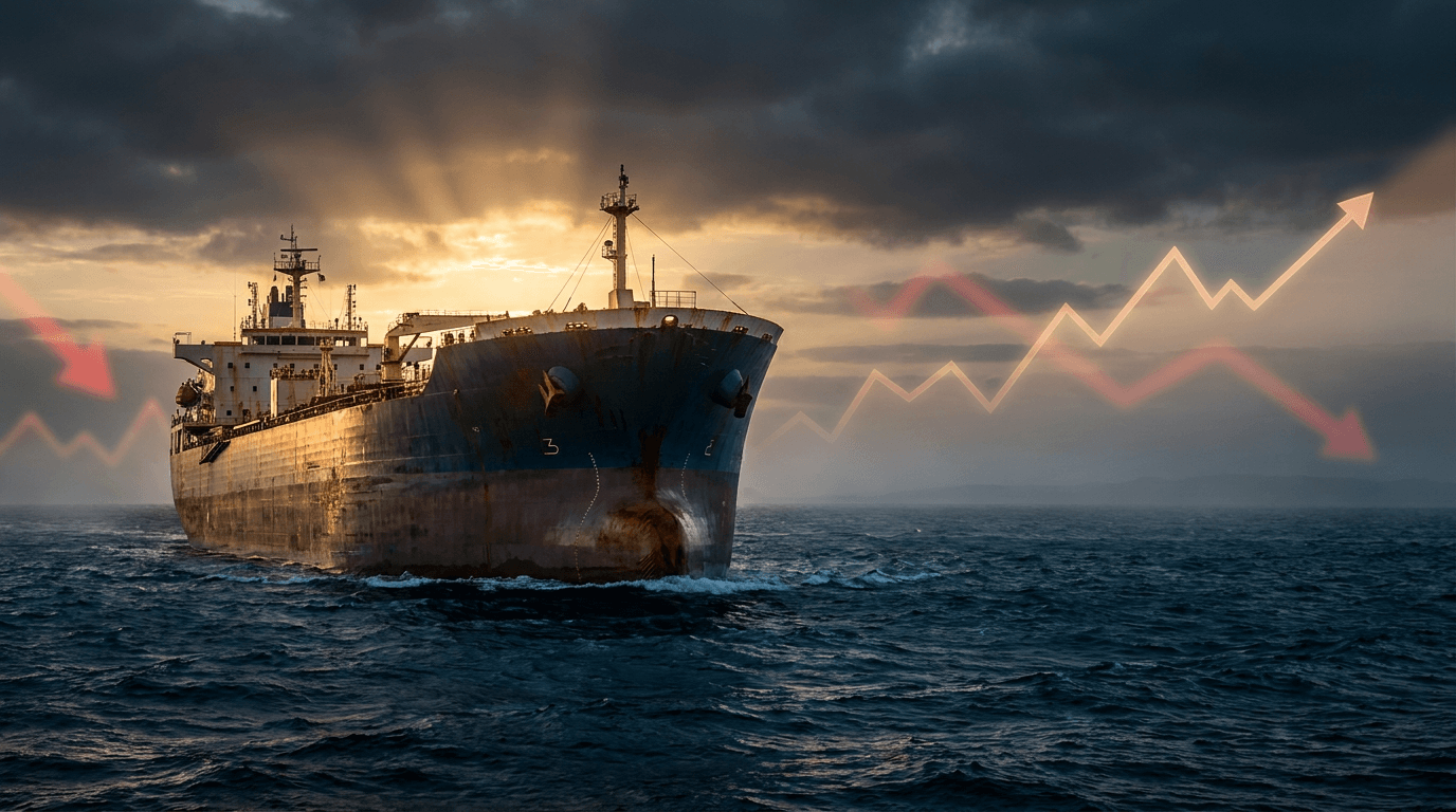 A massive oil tanker ship cutting through dark, choppy ocean waters under a dramatic sky, with a subtle upward-trending stock chart line glowing faintly overlaid across the horizon.