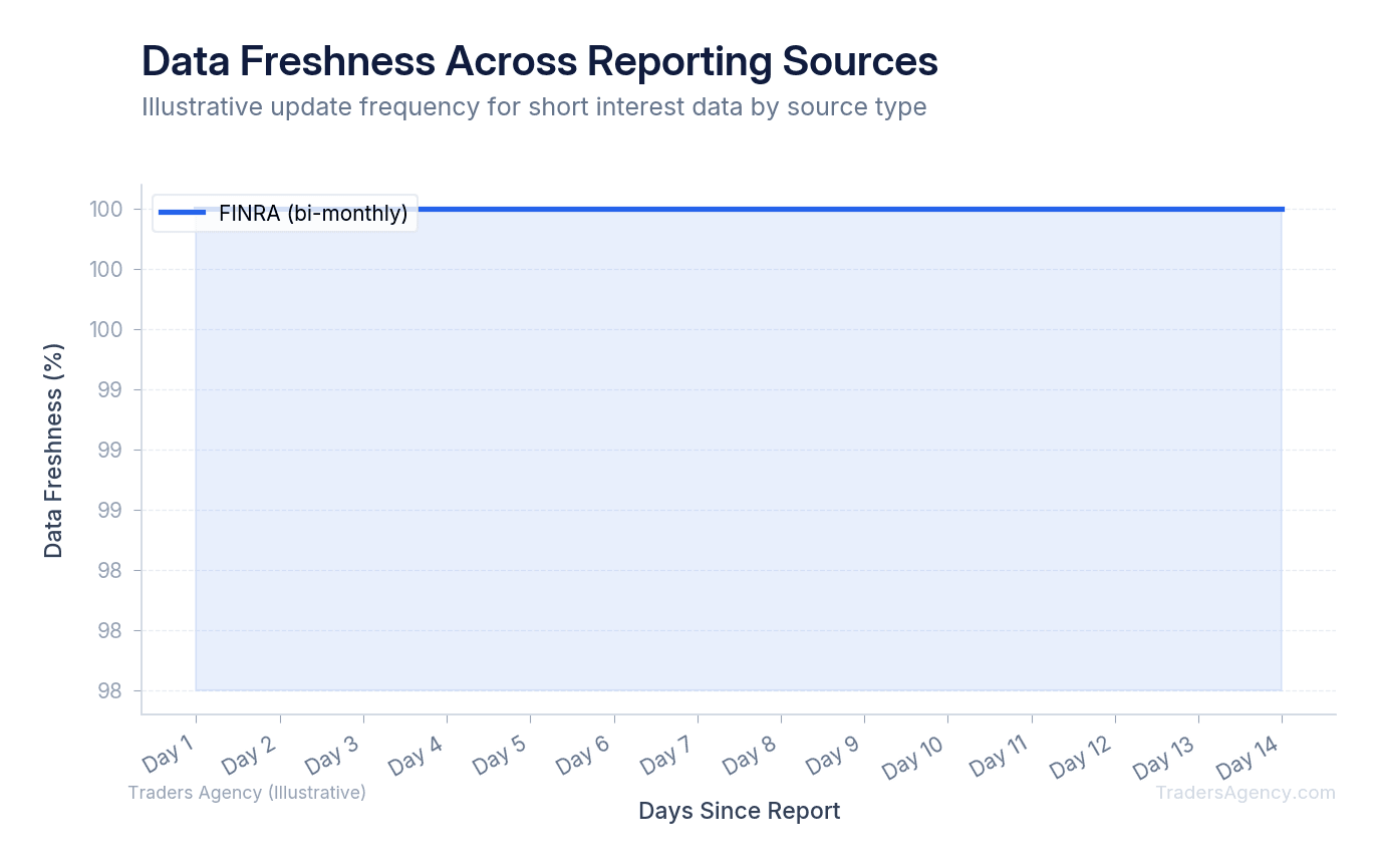 Line chart showing actual short interest data freshness over time, with FINRA bi-monthly reports updating every 14 days, Nasdaq Trader updating weekly, and real-time platforms like Ortex updating daily