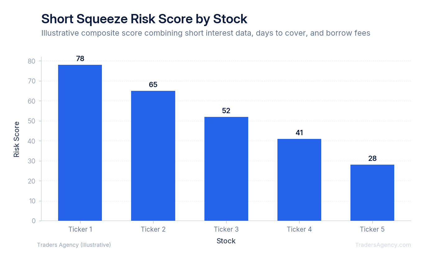 Bar chart showing five stocks ranked by composite short squeeze risk score, combining short interest ratio, days to cover, and borrow fee rate